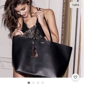 Victoria's Secret Black Pebbled Faux Leather Large Tote Bag with Tassel
